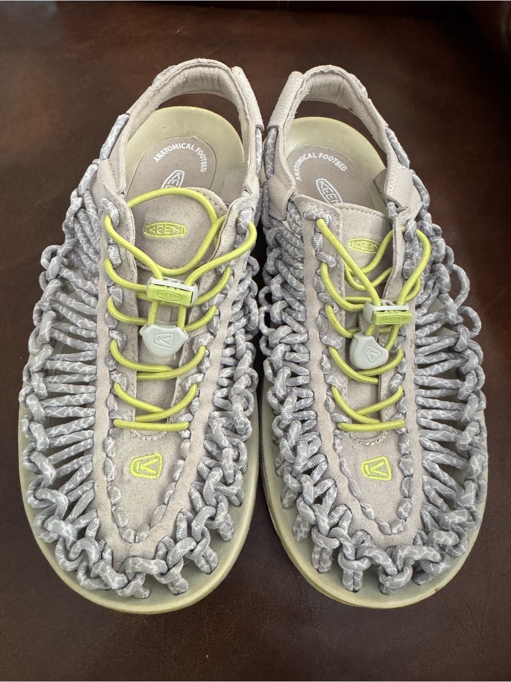 Keen Light Gray Knit Sandals with Lime Accents